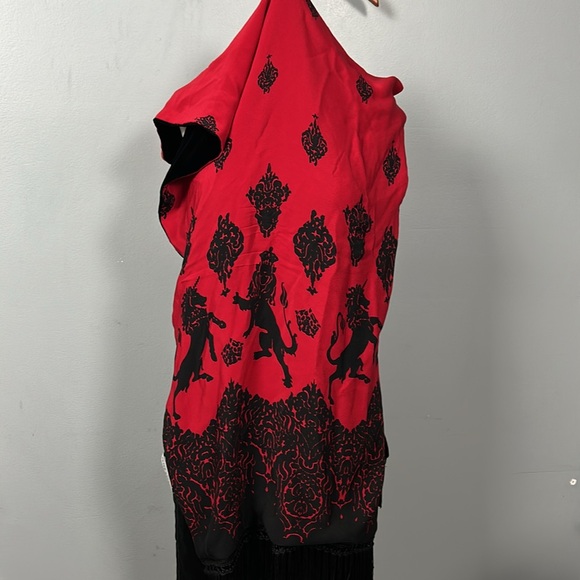 Peter Nygard Scarf Double Sided Black Velvet Red Printed Silk Fringe - Picture 6 of 16